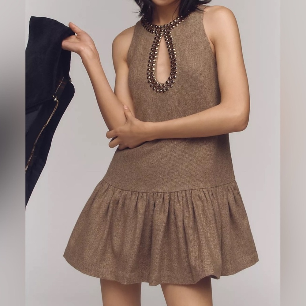 Anthropologie Brown Keyhole Mini Dress with full skirt and pretty beading
